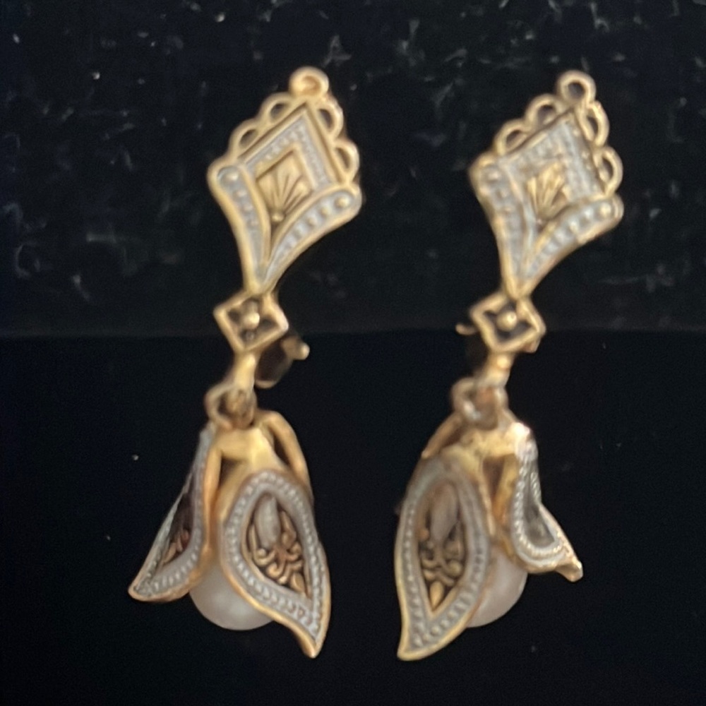 Damascene Earrings Marked Made in Spain 🇪🇸 with Pearl